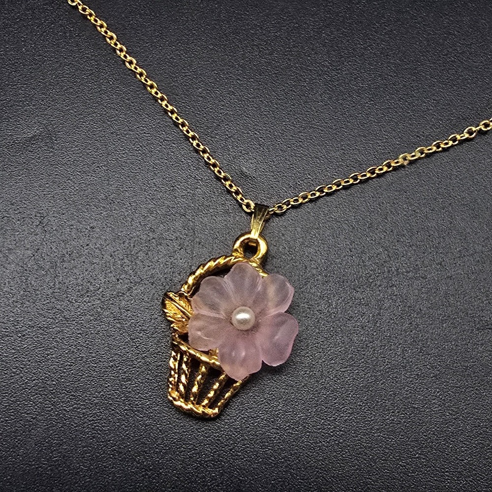Pink Frosted Flower Basket Necklace Gold Tone Vintage Plastic Jewelry